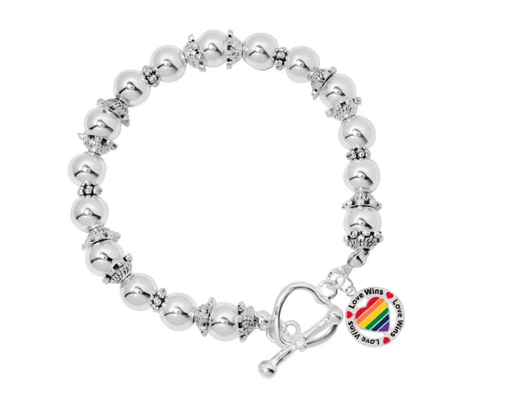 Round Rainbow Heart Love Wins Silver Beaded Charm Bracelets - Fundraising For A Cause