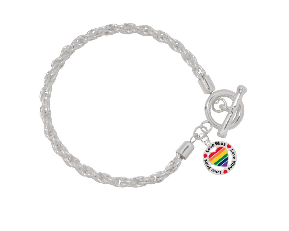Round Rainbow Heart Love Wins Silver Rope Bracelets - Fundraising For A Cause