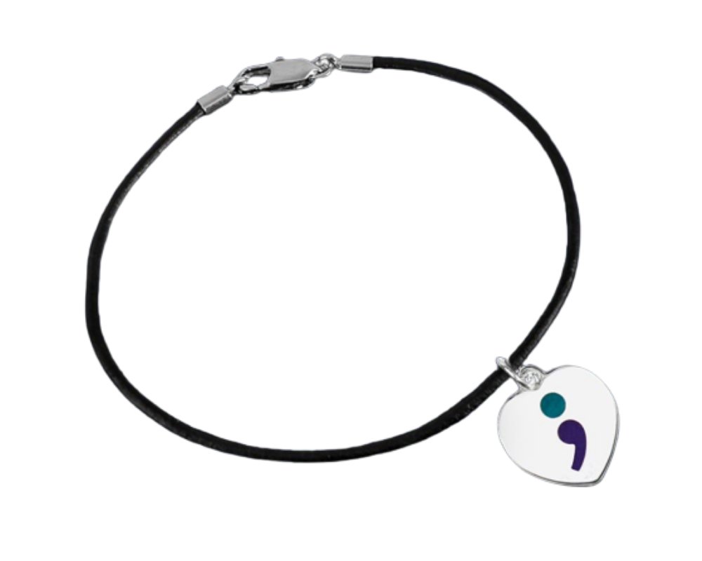 Semicolon Suicide Prevention Awareness Heart Leather Cord Bracelets - Fundraising For A Cause