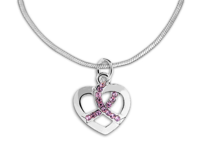 Silver Heart Crystal Pink Ribbon Necklaces - Fundraising For A Cause