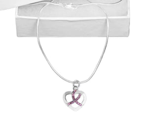Silver Heart Crystal Pink Ribbon Necklaces - Fundraising For A Cause