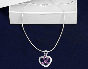 Silver Heart Crystal Purple Ribbon Necklaces - Fundraising For A Cause