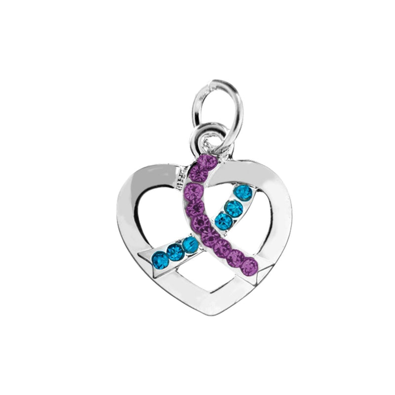 Silver Heart Crystal Teal & Purple Ribbon Charms - Fundraising For A Cause