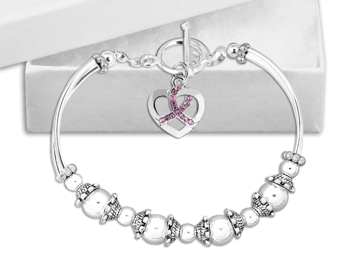Silver Pink Heart Ribbon Crystal Partial Beaded Bracelets - Fundraising For A Cause