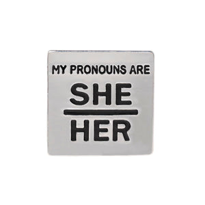 Silver Square Pronoun Pins - He/Him, She/Her, They/Them, Ask Me - Fundraising For A Cause