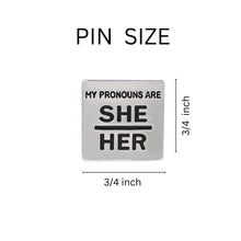 Load image into Gallery viewer, Silver Square Pronoun Pins - He/Him, She/Her, They/Them, Ask Me - Fundraising For A Cause