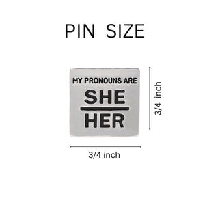 Silver Square Pronoun Pins - He/Him, She/Her, They/Them, Ask Me - Fundraising For A Cause