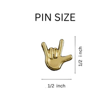 Load image into Gallery viewer, Small Gold Hand I Love You Sign Language Deaf Awareness Tac Pins - Fundraising For A Cause