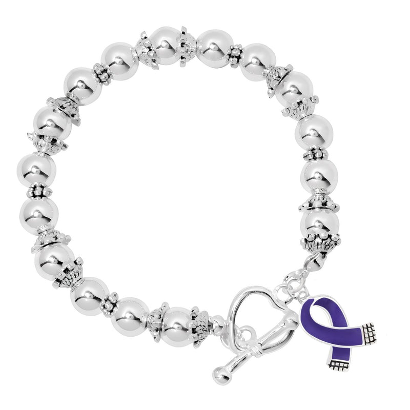 Small Violet Ribbon Charm Silver Beaded Bracelets - Fundraising For A Cause