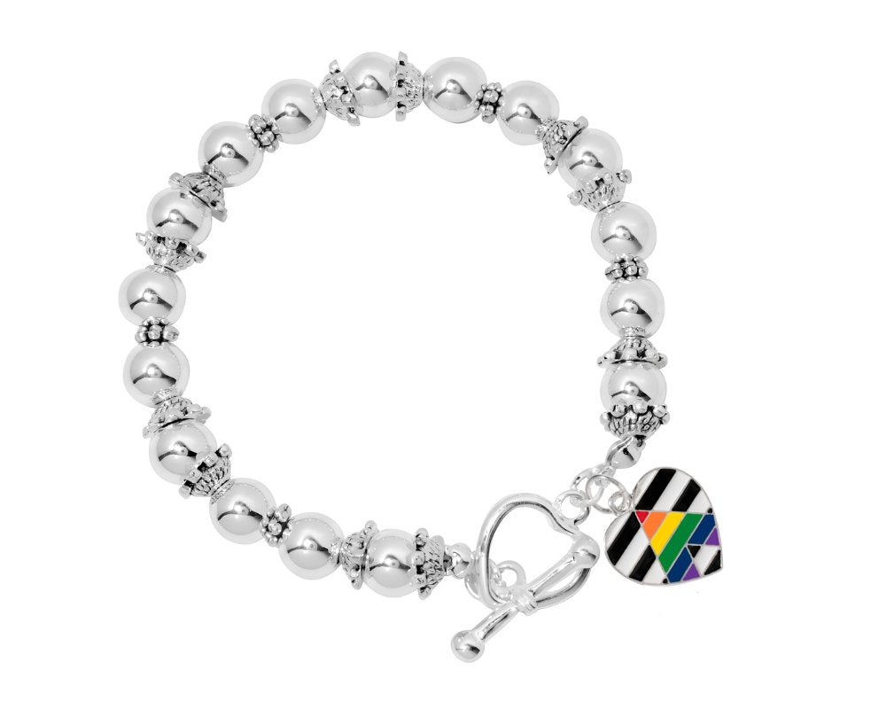 Straight Ally LGBTQ Pride Heart Charm Silver Beaded Bracelets - Fundraising For A Cause