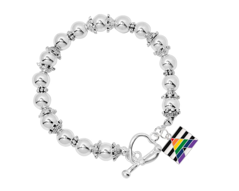 Straight Ally LGBTQ Pride Rectangle Silver Beaded Charm Bracelets - Fundraising For A Cause