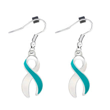 Load image into Gallery viewer, Teal &amp; White Ribbon Hanging Earrings - Fundraising For A Cause