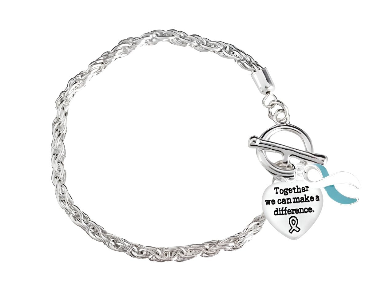 Teal & White Ribbon Silver Rope Charm Bracelets - Fundraising For A Cause