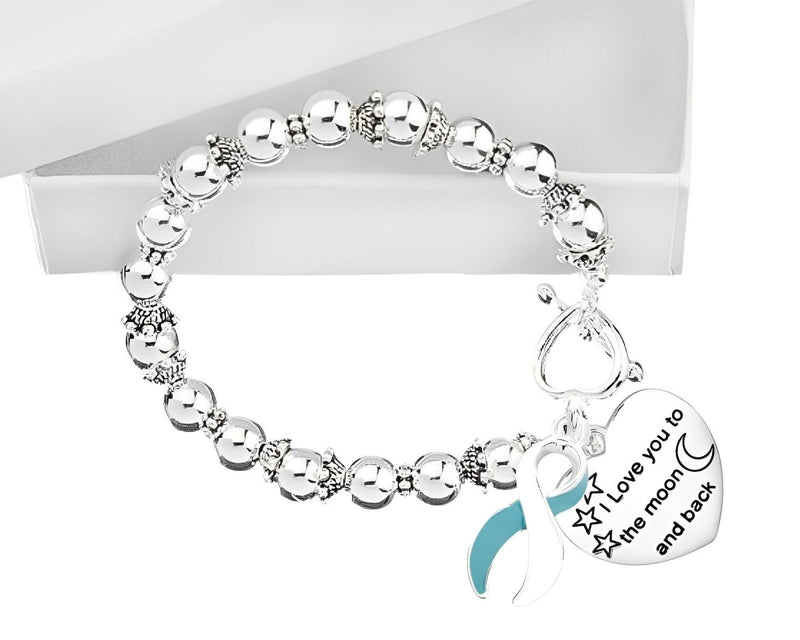 Teal & White Ribbon To The Moon And Back Awareness Charm Bracelets - Fundraising For A Cause